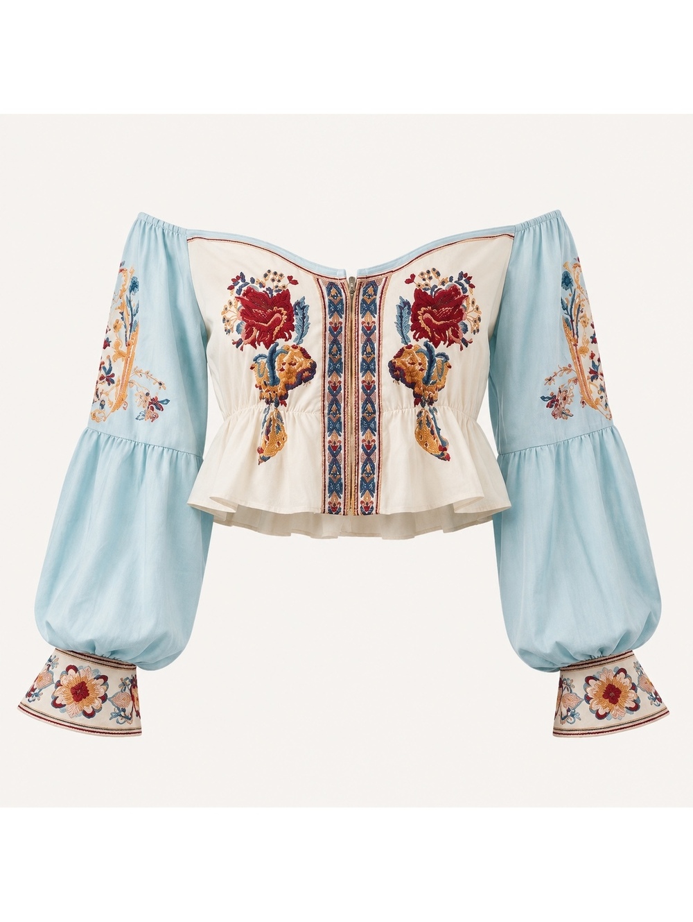 Anthropologie Blue Floral Bubble-Sleeve Off-Shoulder V-Neck Boho Peplum Crop Top
